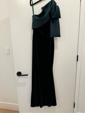 Aqua gown One-Shoulder Velvet Gown with Dramatic Bow - Deep Green
